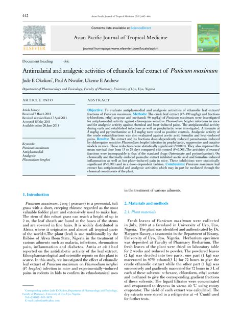 Pdf Antimalarial And Analgesic Activities Of Ethanolic Leaf Extract