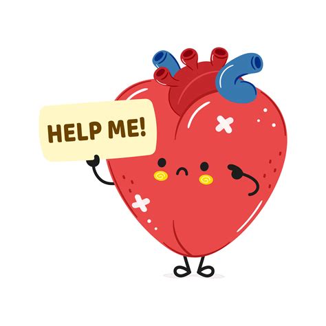 Cute Sad Sick Heart Organ Asks For Help Character Vector Hand Drawn