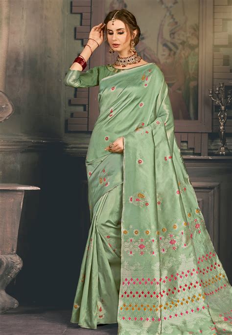 Buy Light Green Kanjivaram Saree With Blouse With Blouse Online