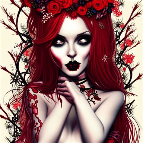 Whimsical Detailed Fantasy Pinup Goth Female Red Hair With Flowers And Glitter · Creative Fabrica