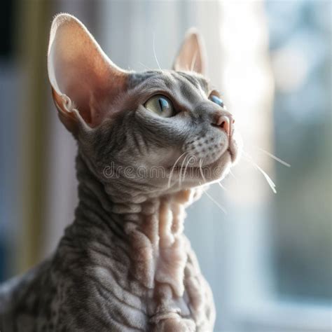 Portrait Of A Dark Gray Devon Rex Cat Sitting In A Light Room Beside A