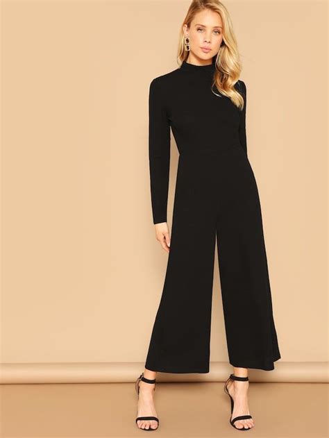 SHEIN Mock Neck Solid Palazzo Leg Jumpsuit Black Mock Neck Jumpsuit