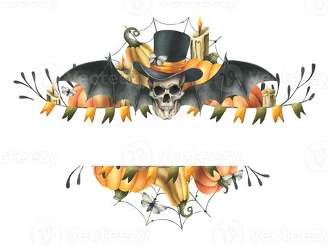 Human Skull Black Top Hat With Orange Pumpkins Branches Candles And