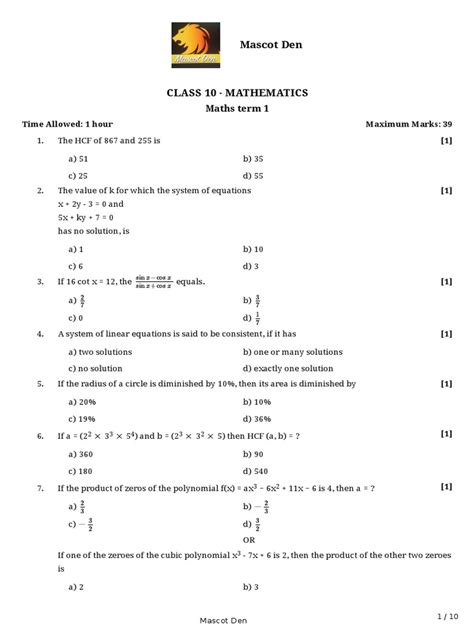 Mascot Den Maths Term 1 Pdf Numbers Area