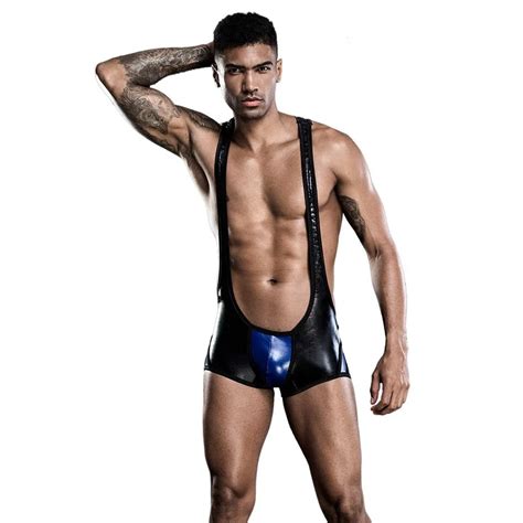 Sexy Men Faux Leather Bodysuits Latex Bugle Pouch Gay Underwear Catsuit