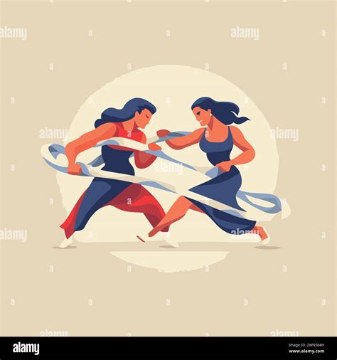 Two Women Fight With Ropes Vector Illustration In A Flat Style Stock