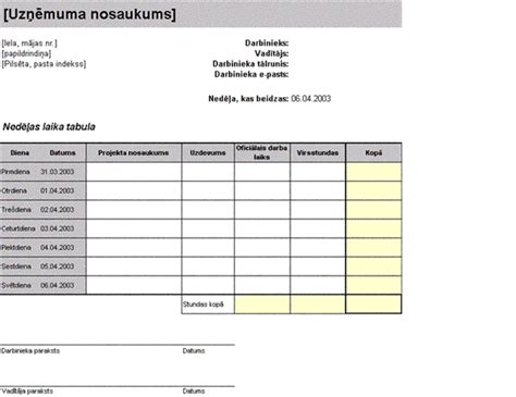 Nedēļas laika tabula, kurā norādītas apmaksājamās stundas