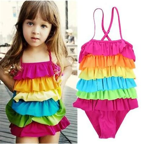 2016 Kids Girls Rainbow Bikini Girls Summer Beach Swimwear Layered Swimming Bathing Suit ...