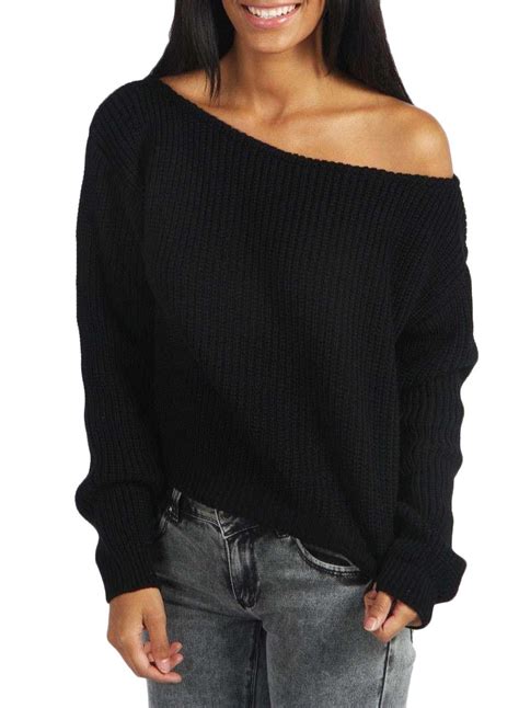 Black Off The Shoulder Ribbed Knit Pullover Sweater Xl Black In 2021 Knitted Pullover