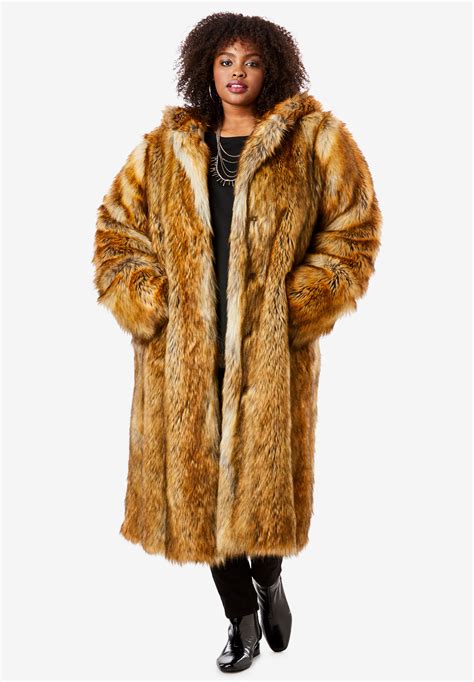 Full Length Faux Fur Coat With Hood Roamans