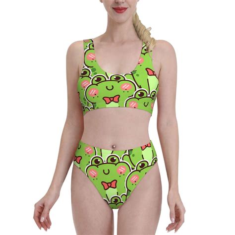 Haiem Cute Green Frog Women S High Waisted Bikini Set Two Piece Bathing