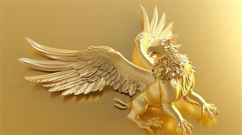 Golden griffin sculpture with outstretched wings on a gold background ...