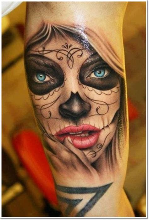 Day Of The Dead Tattoo With Very Detailed Mouth And Blue Eyes Skull Girl Tattoo Mexican