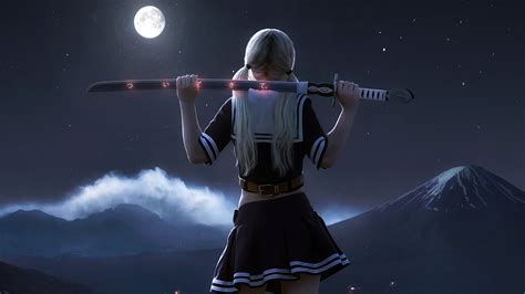 Chica Con Katana A La Luz De La Luna Anime Fondo De Pantalla 4k Hd Id6145