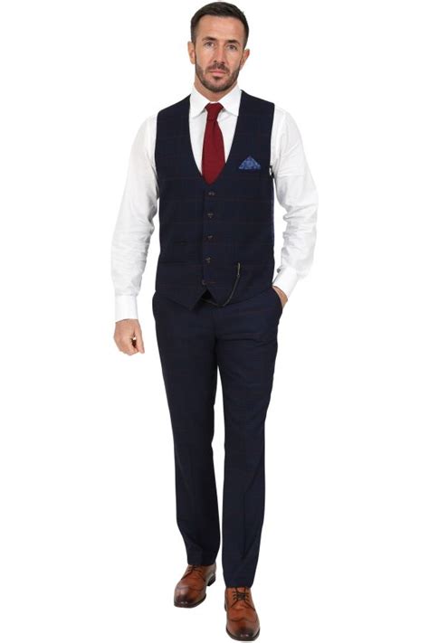 Marc Darcy Edinson Navy And Wine Check Waistcoat Jenson Samuel