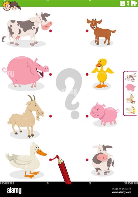 Cartoon Illustration Of Educational Matching Game With Farm Animal