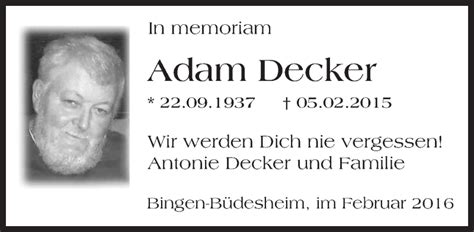 Traueranzeigen Von Adam Decker Vrm Trauer De