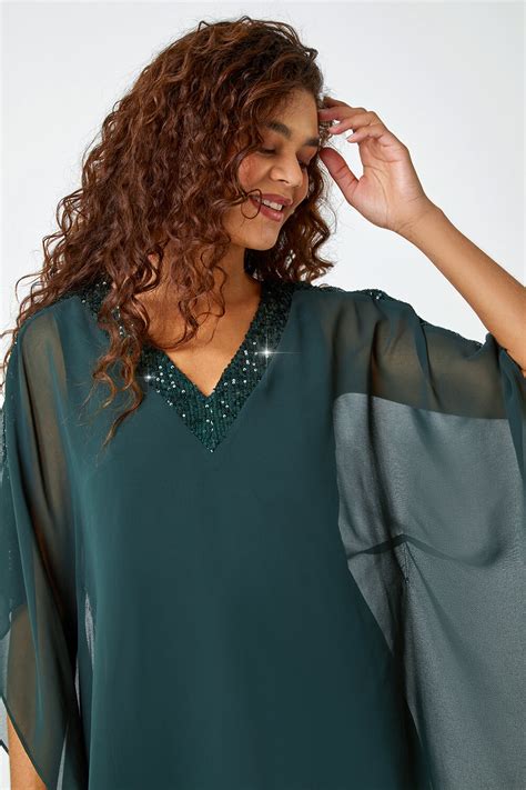 Green Sequin Trim Overlay Stretch Top Roman UK