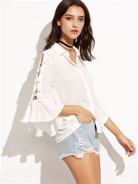 White Lace Up Bell Sleeve Hidden Button Blouse Shein Sheinside