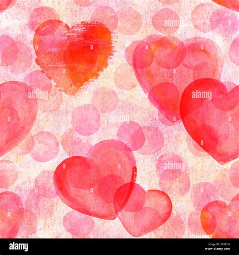 A Seamless Pattern Of Watercolor Hearts On A Pink Polka Dots Background