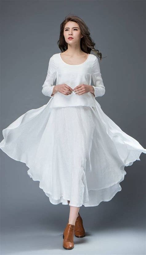 White Linen Dress Layered Flowing Elegant Long Sleeve Long Summer Dress