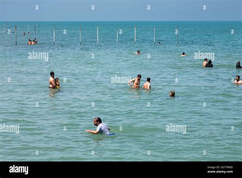 People Swimming And Resting Resort Area Of The Caspian Sea Suburb Of