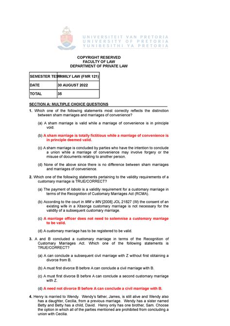 Semester TEST 1 Questions With Memo COPYRIGHT RESERVED FACULTY OF LAW