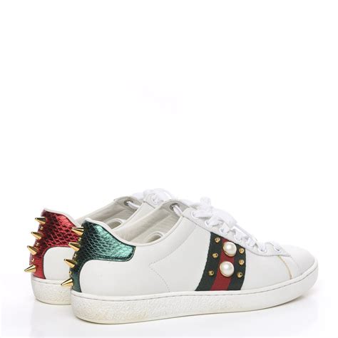 GUCCI Calfskin Web Pearl Studded Womens Ace Sneakers 36 5 White 591233