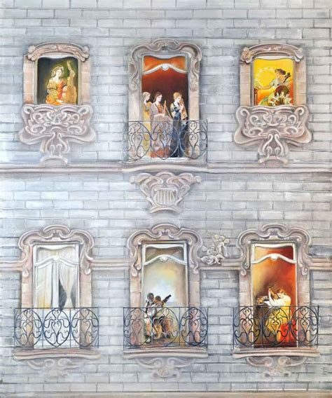 A Painting Of People In Windows On A Brick Building With Wrought Iron