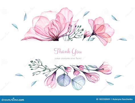 Watercolor Floral Card Template Bouquet With Big Pink Roses Turquoise