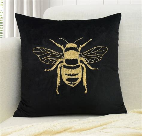 2 Colors Embroidered Golden Honeybee On Lush Velvet Soft Throw Pillow