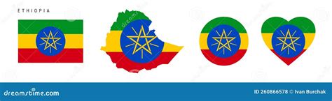 Ethiopia Flag In Different Shapes Icon Set Flat Vector Illustration