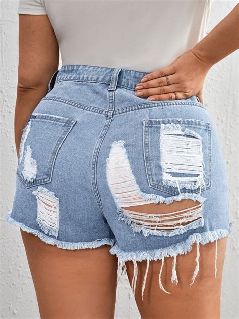 Shein Essnce Plus Ripped Raw Hem Denim Shorts Shein Usa