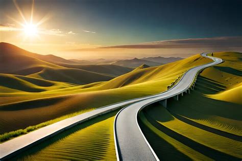 Premium AI Image | A winding road with a sunset in the background