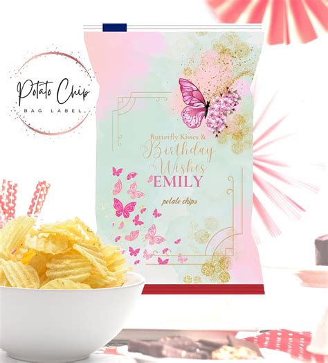 Editable Butterfly Chip Bag Label Pink Gold Butterfly Garden Etsy