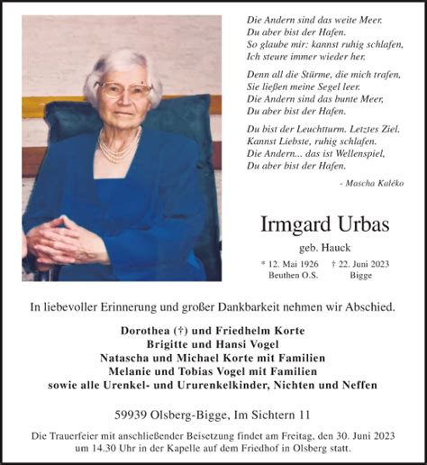 Traueranzeigen Von Irmgard Urbas Sich Erinnern De