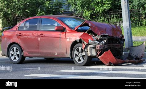 Car Damaged In Accident Frontal Impact Stock Photo Alamy