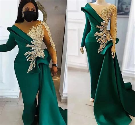 Rabe Aso Ebi Sirena Vestidos De Baile Verde Cazador Apliques Dorados