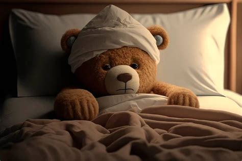 Cute Teddy Bear Feeling Unwell And Sick Is Lying In Bed Stock Image