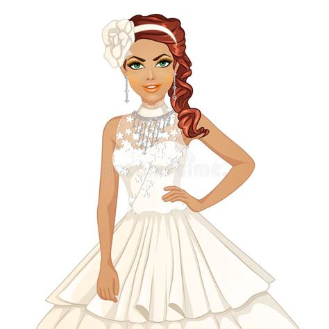 Cute Cartoon Bride With Red Hair And Wedding Gown Stock Vector