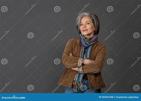 Pretty Grey Hair Woman In Casual Isolated On Grey Background Portrait