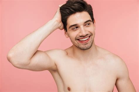 Premium Photo Beauty Portrait Of A Handsome Smiling Shirtless Brunette Man Standing Isolated