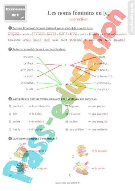 Evaluation Avec Le Corrigé Pour Les Noms Féminins En [e] Et [te] Ce2 Bilan Pdf à Imprimer