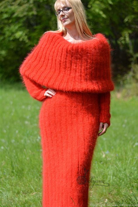 Hand Knitted Soft And Silky Huge Cowlneck Mohair Dress In Red D12