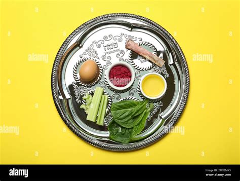 Passover Seder Plate Keara With Symbolic Meal On Yellow Background Top View Pesah