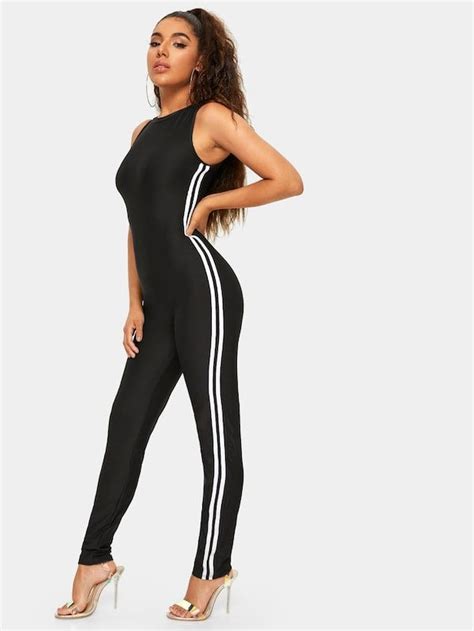 Side Stripe Zipper Back Slim Fit Jumpsuit Shein