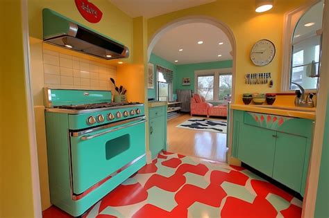 Retro Kitchen with Turquoise Stove and Red and White Geometric Floor Tiles | Premium AI ...