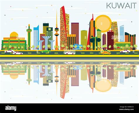 Kuwait Skyline With Color Buildings Blue Sky And Reflections Vector