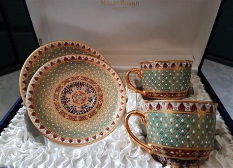 Brand New Narai Phand Hand Painted 4 Piece Benjarong Coffee Cup And Plate