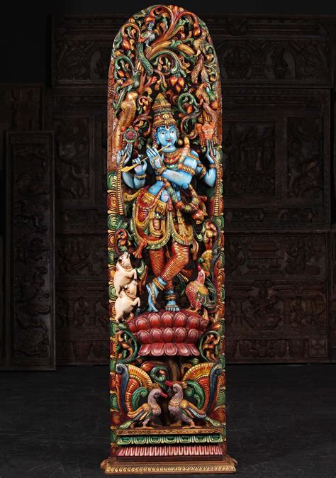 Wood Blue Gopal Krishna Playing The Flute On Lotus With Cows